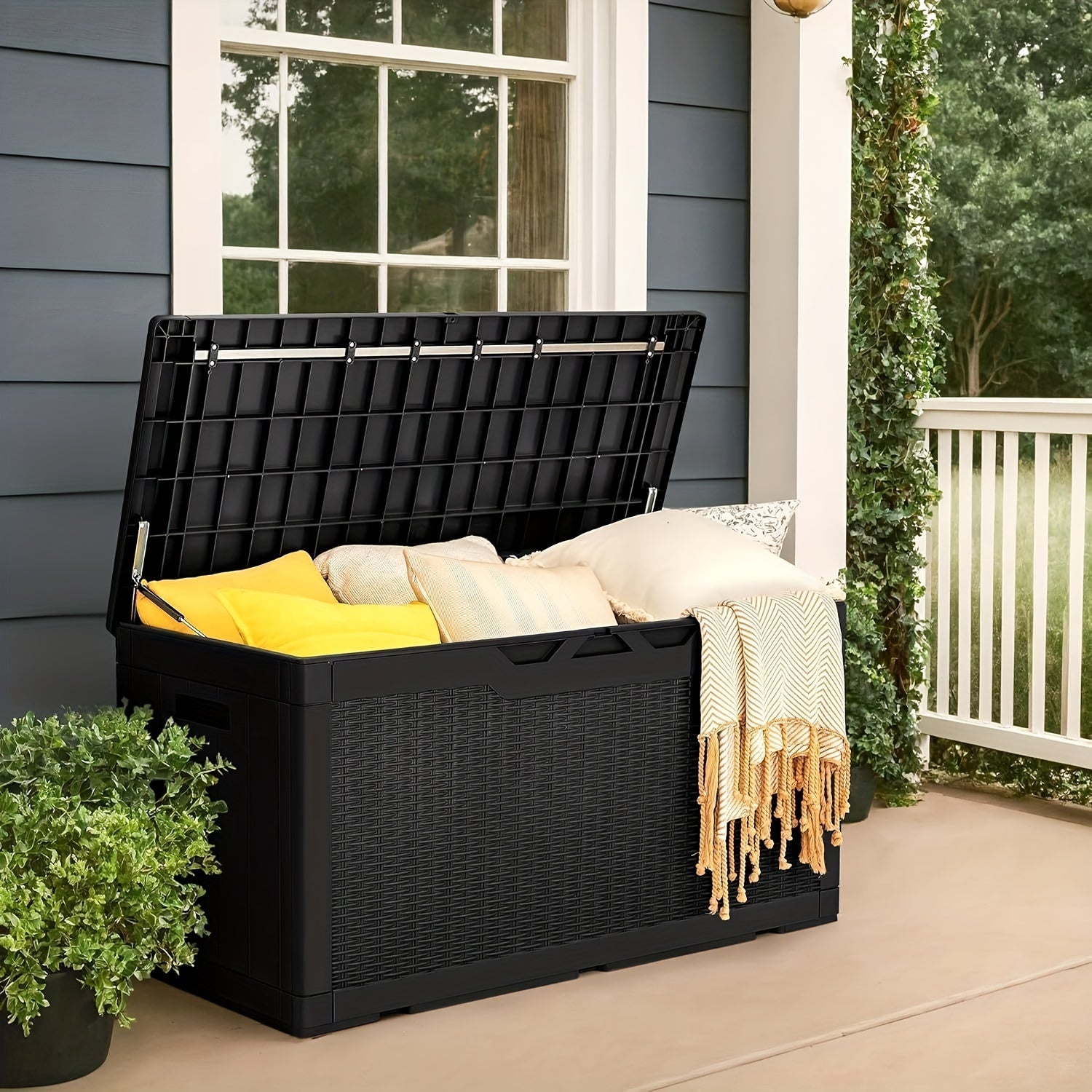 GUNJI 100 Gallon Deck Box with Cushion, Outdoor Resin Large Storage Box Lockable Waterproof & UV Resistant Outdoor Storage Bench for Patio Furniture, Garden Tools, Pool Supplies, Box,Cabinet,Rack for Outdoor Storage