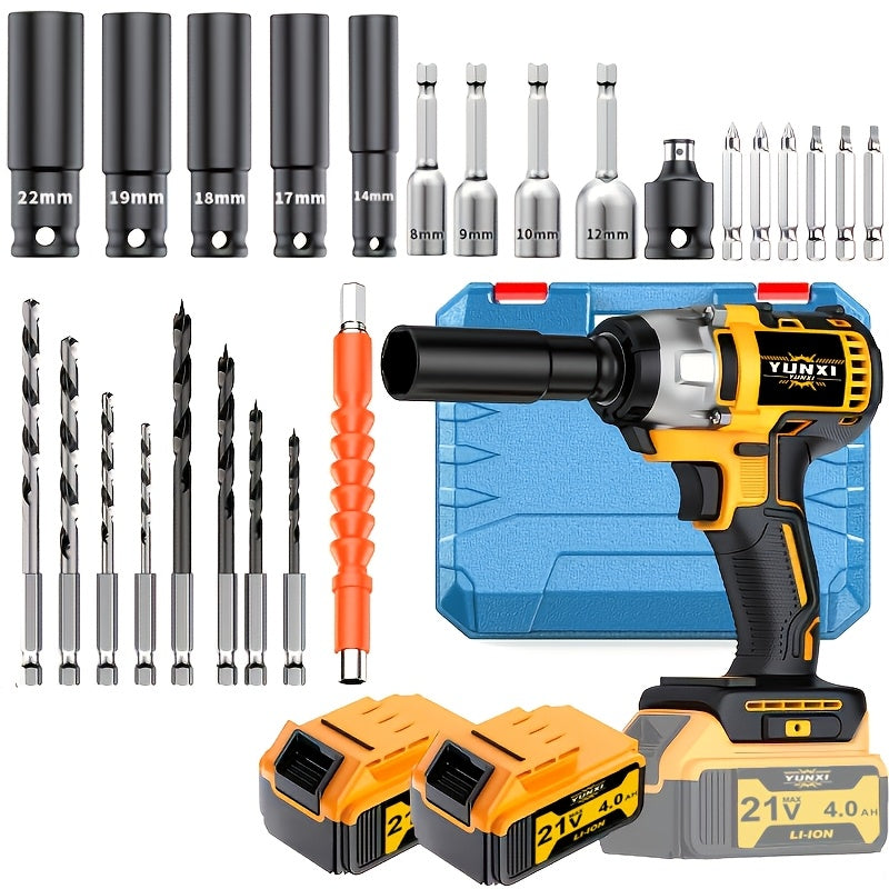 Brushless Impact Wrench Set 21V Cordless – Lithium Battery & Quick Charger Included, Up to 2 Batteries + Plastic Toolbox Bundle, High-Torque Electric Wrench for Car Tires, Auto Repair & Home DIY