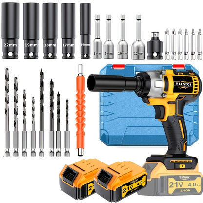 Brushless Impact Wrench Set 21V Cordless – Lithium Battery & Quick Charger Included, Up to 2 Batteries + Plastic Toolbox Bundle, High-Torque Electric Wrench for Car Tires, Auto Repair & Home DIY
