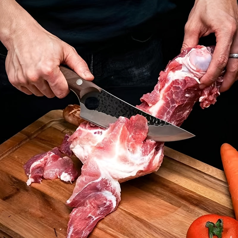 Hand-Forged Chef Knife with Hammered Pattern Blade, Full-Tang Curved Riveted Handle with Leather Sheath & Gift Box, Professional Kitchen Knife for Meat Fish Vegetables, Outdoor Camping BBQ