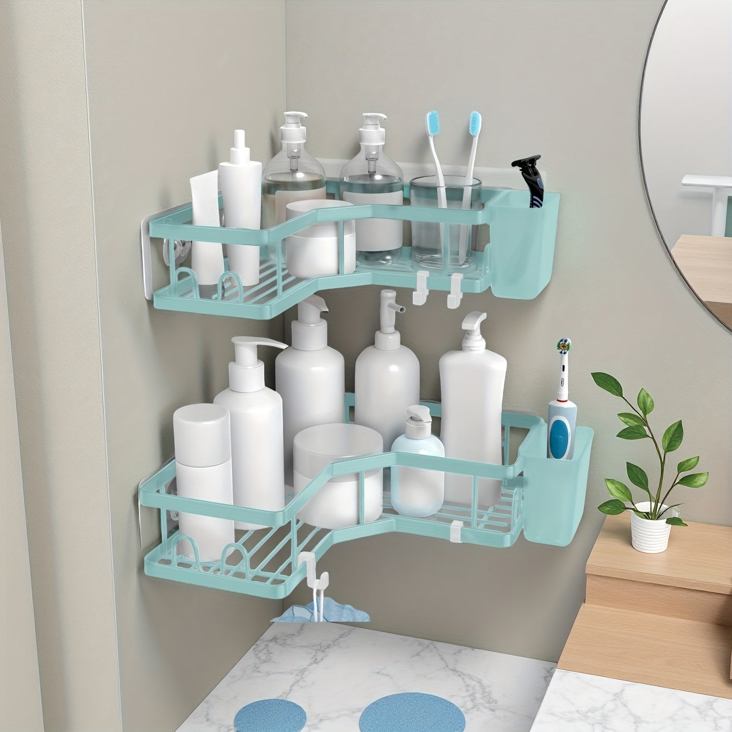 Corner Shower Caddy 2 Pack Adhesive No Drilling – Stainless Steel Shower Corner Shelf Organizer with Hooks & Toothpaste Holder for Bathroom, Kitchen & Dorm Storage