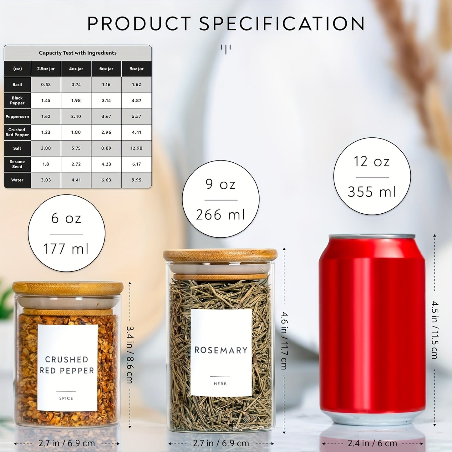 Glass Spice Jars Set 12-Pack with Bamboo Lids & 75 Printed Labels – Empty Cylinder Food Storage Containers for Kitchen Herbs Seasoning Tea Sugar Salt, 5.99oz & 8.99oz | Canada