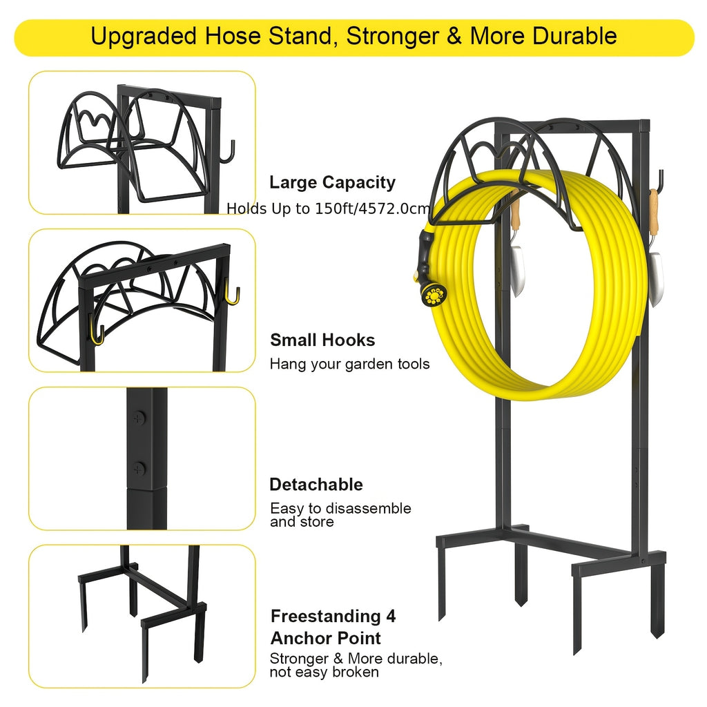 1pc Garden Hose Holder, Freestanding Heavy Duty Water Hose Holder for Outside, Upgraded Metal Hose Stand with 4 Spikes, Detachable Garden Hose Storage Hose Reel Rack, Black