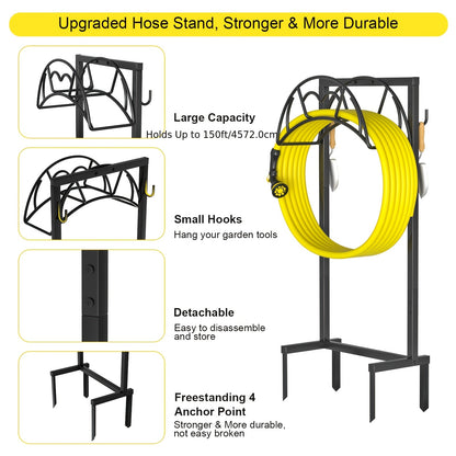Heavy Duty Metal Hose Stand Freestanding Garden Hose Holder with 4 Ground Spikes, Dual Support Poles & Extra Hooks – Detachable Outdoor Water Hose Reel Rack Holds 150 ft, Rust-Resistant Powder Coat, Black