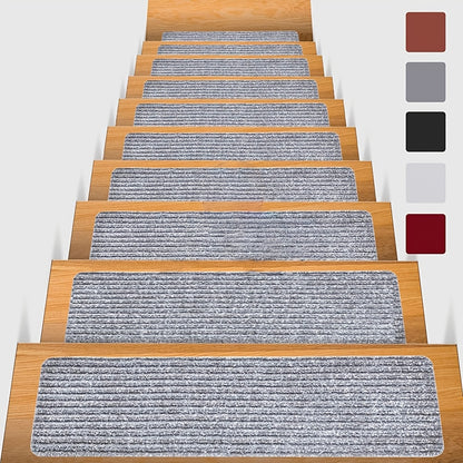 Pre-Adhesive Stair Treads Set of 15 – 8"x30" Anti-Slip Indoor Staircase Carpet Pads for Wooden Steps, Multiple Colours, Safe for Elders Kids and Dogs, Easy Peel & Stick Install