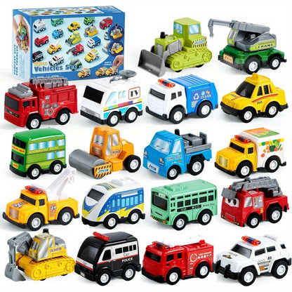 Pull Back City Cars & Trucks Toy Set 18 Pieces – Friction Powered Vehicles for Toddlers, Party Favour & Goodie Bag Stuffers, Birthday Gift for Boys & Girls