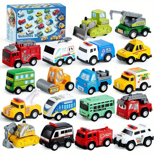 Pull Back City Cars & Trucks Toy Set 18 Pieces – Friction Powered Vehicles for Toddlers, Party Favour & Goodie Bag Stuffers, Birthday Gift for Boys & Girls