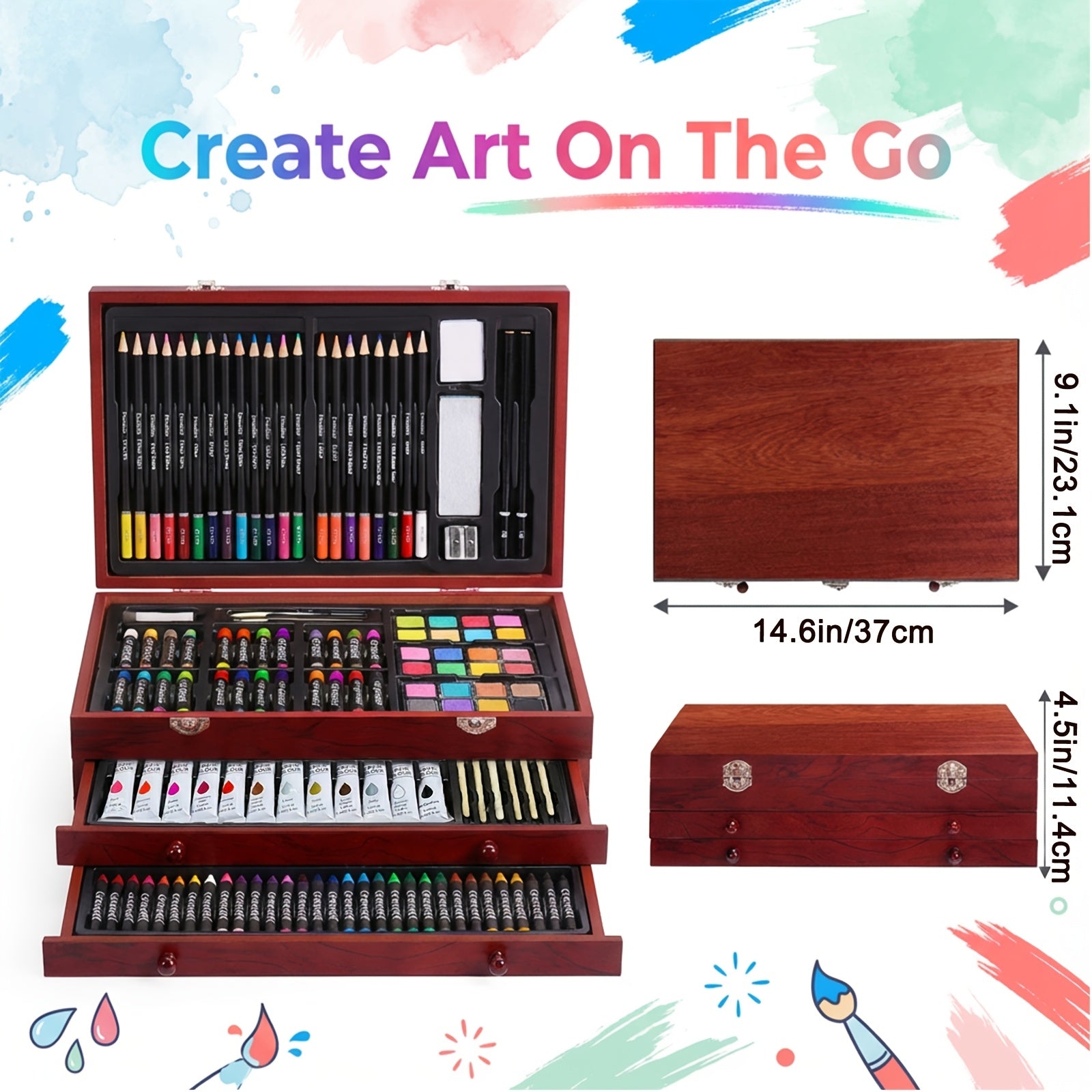 175pcs Deluxe Art Set in Wooden Case with 2 Drawing Pads, Crayons & Colored Pencils - Professional Art Kit for Kids, Teens, Adults & Artists, Girls Ages 8-12 Gift