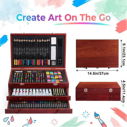 175pcs Deluxe Art Set in Wooden Case with 2 Drawing Pads, Crayons & Colored Pencils - Professional Art Kit for Kids, Teens, Adults & Artists, Girls Ages 8-12 Gift