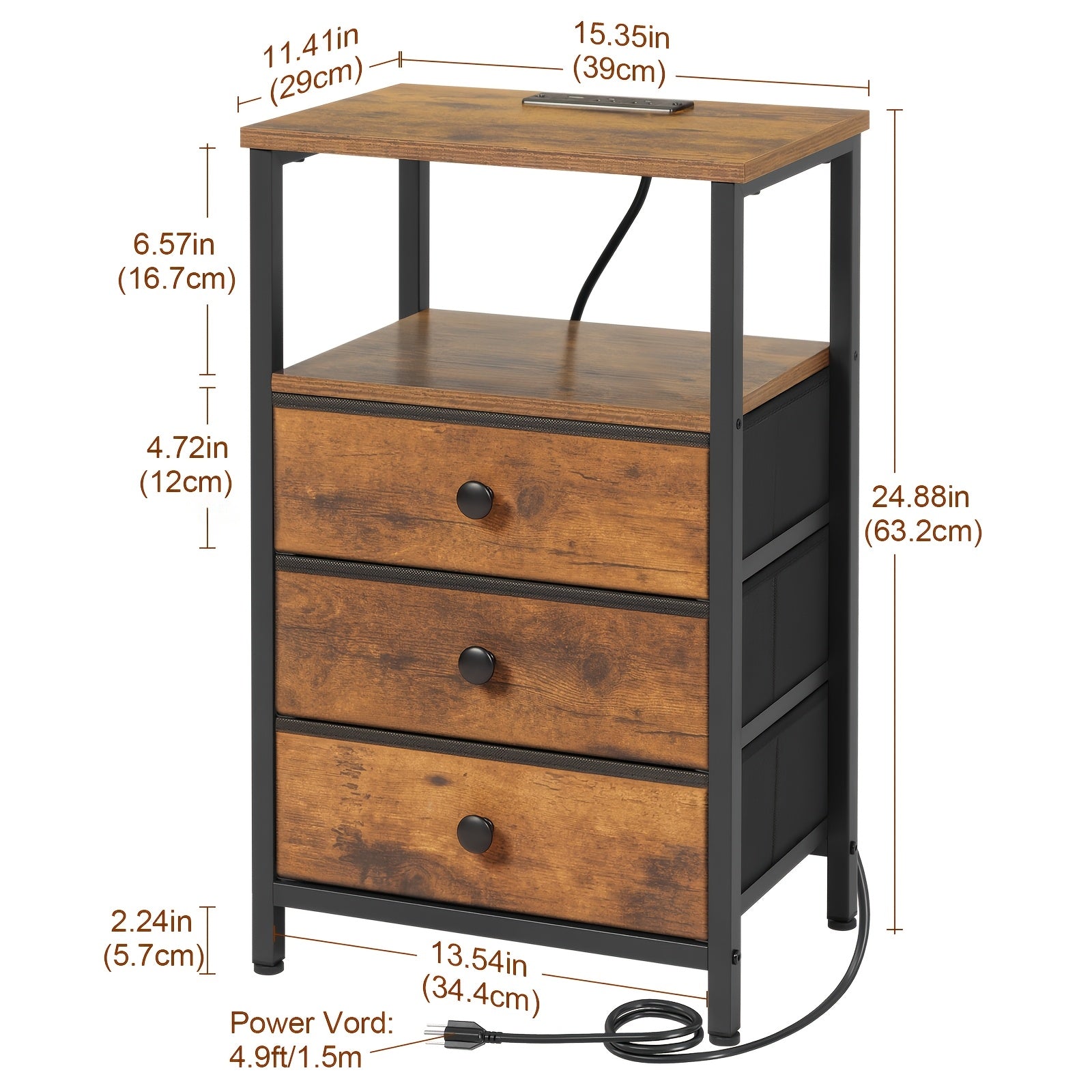 AMHANCIBLE Nightstand with Charging Station & 3 Fabric Drawers - Modern Bedside Table Set of 1 or 2, Spring Design, Bedroom & Living Room End Table Storage