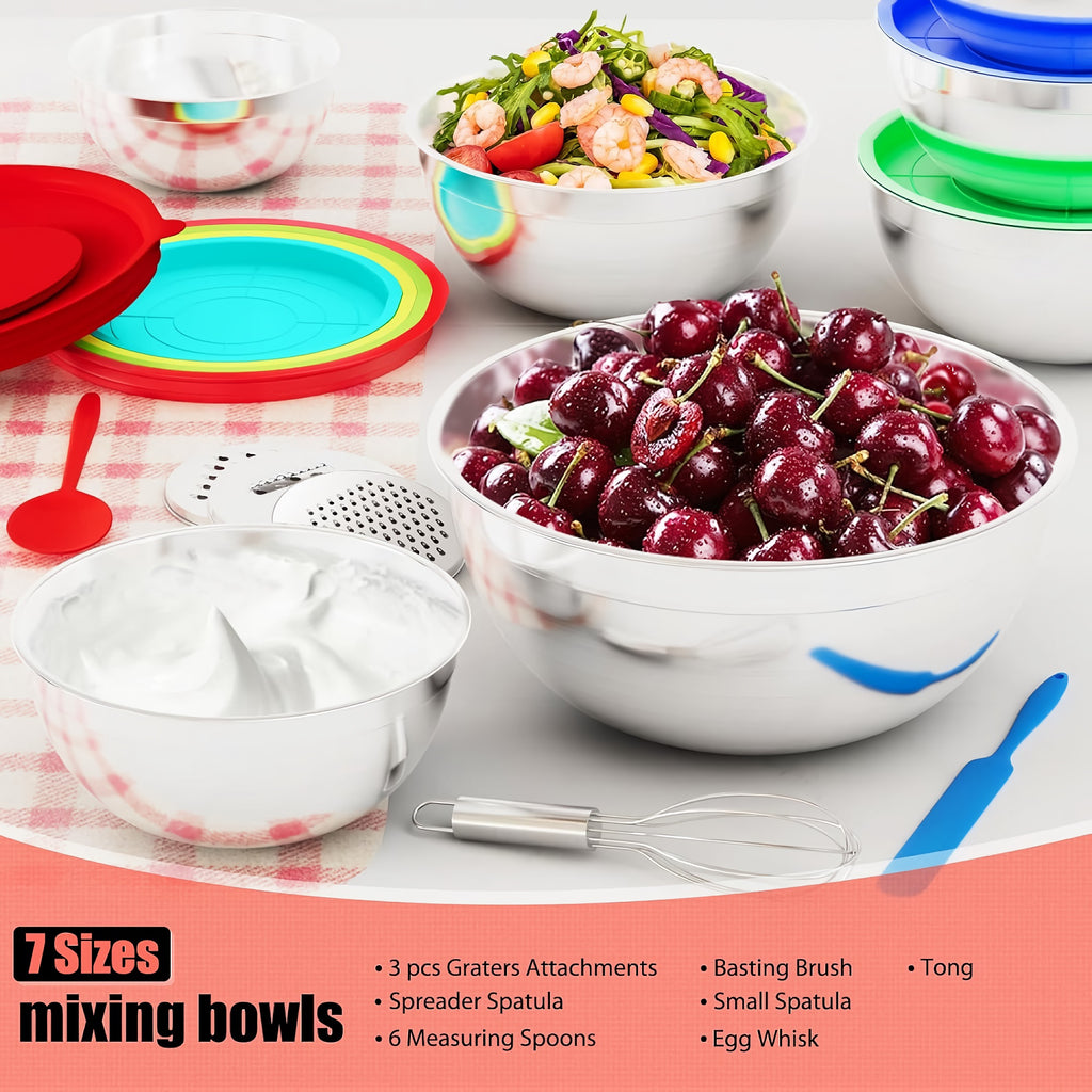 7pcs Stainless Steel Mixing Bowl Set, Multifunctional Stacking Mixing Bowls with Lids and Accessories for Home, Kitchen, Cooking - TU-JC-SLW003-US