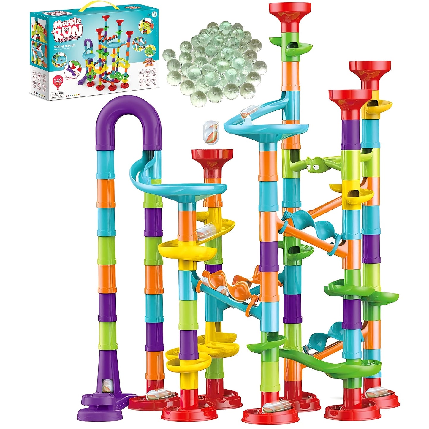 Marble Run Set 142pcs STEM Building Blocks Toy – Marble Race Track Construction Game for Kids, Develops Logic & Hand-Eye Coordination, Best Birthday & Christmas Gift for Boys & Girls