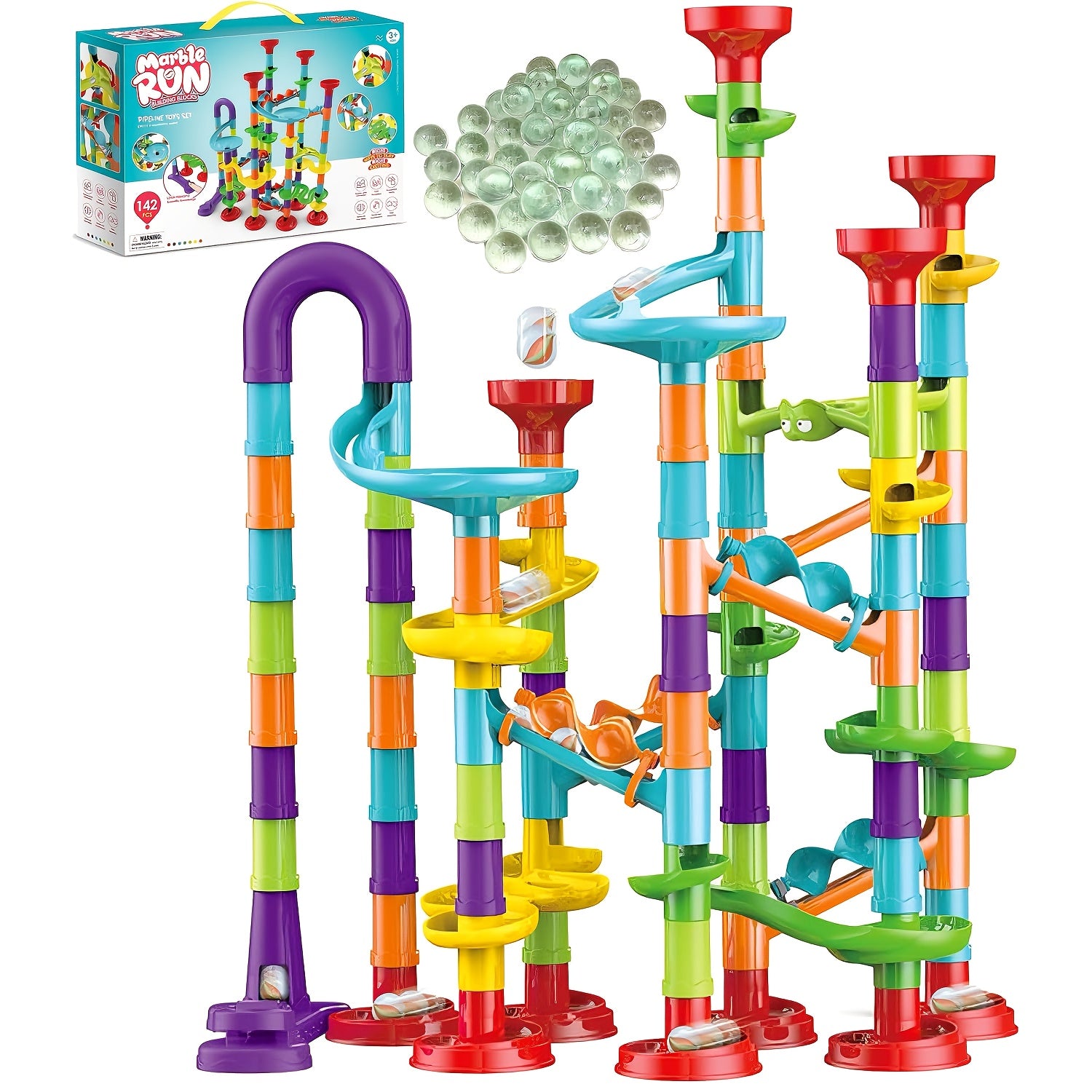 142pcs Marble Race Track Toys, Marble Run Set, Construction Building Blocks Game for Kids Birthday STEM Gifts, And Early Cognition, Hand Exercise, Parent-Child Interaction, Distinguish Colors, for Christmas Gifts, Best Gift for Holidays