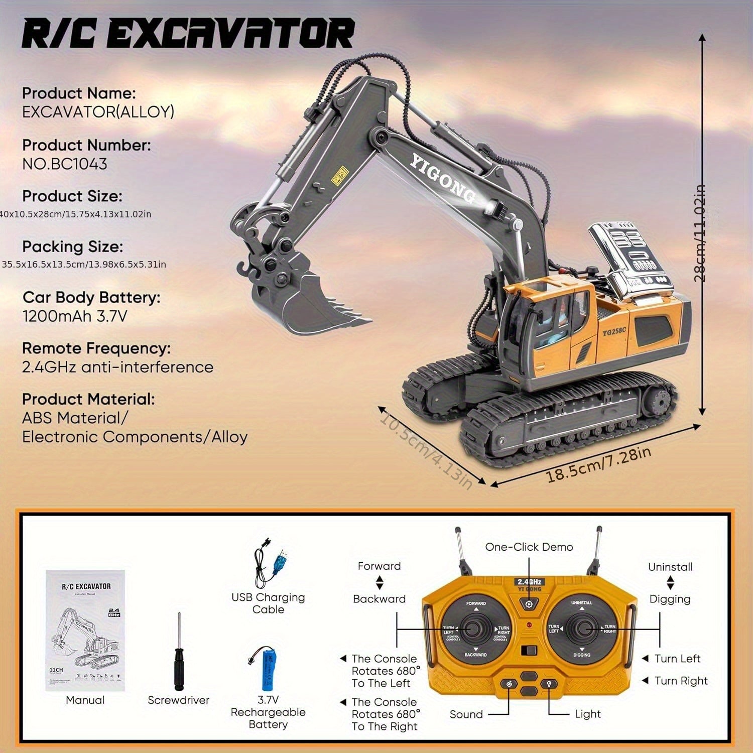 Mini Excavator Toy with And App Control, Fun Men's Toy, High-tech 11-Channel Alloy, Plastic Engineer Truck, Perfect Gift