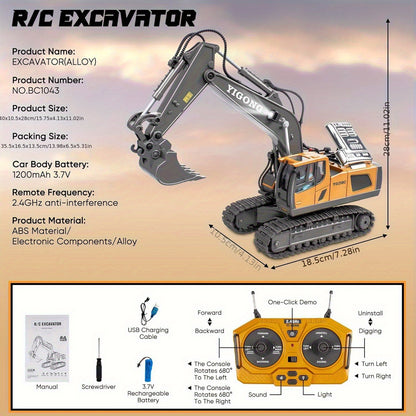RC Mini Excavator Toy with App & Remote Control – 11-Channel Alloy Engineering Truck, High-Tech Construction Vehicle Gift for Adults & Kids