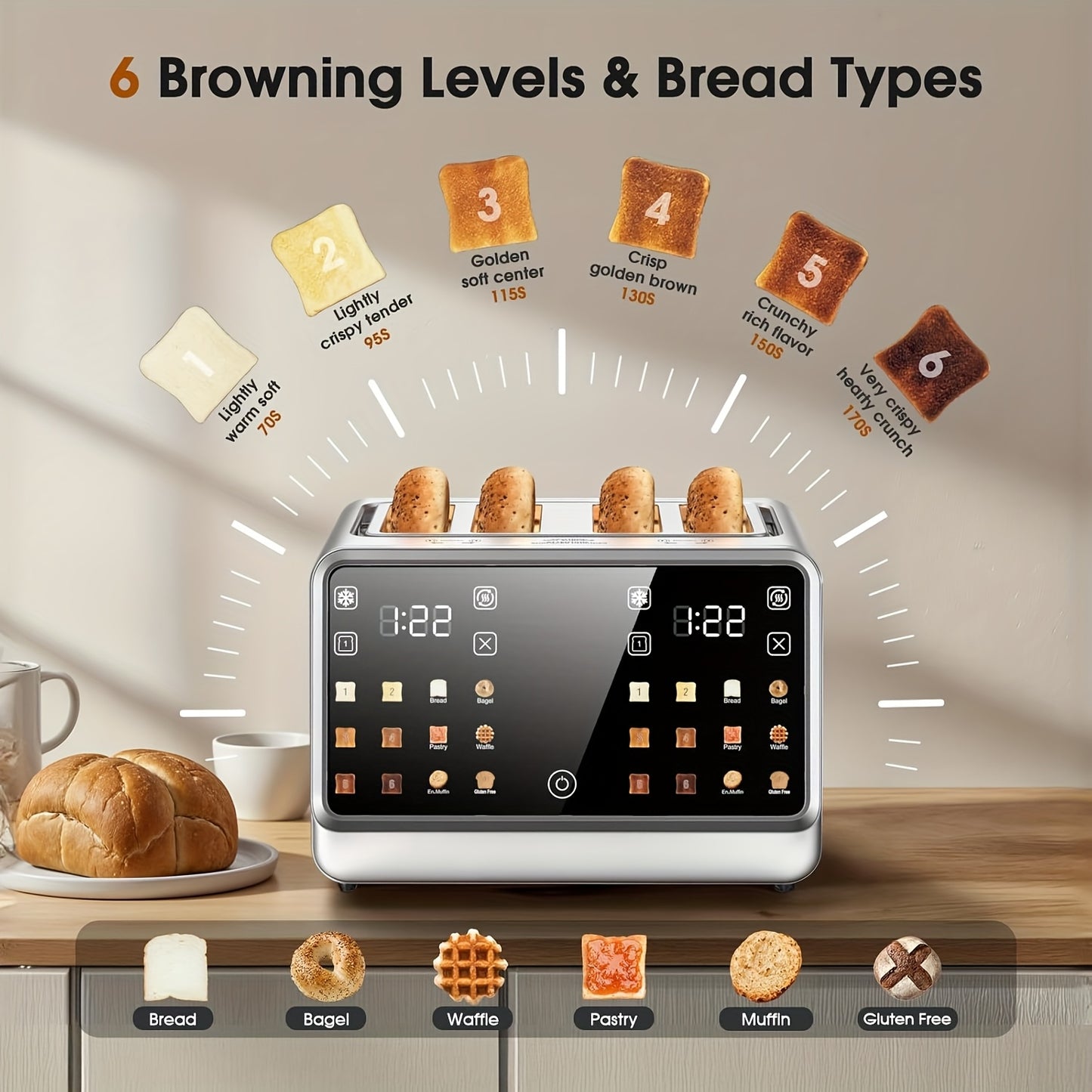 Toaster Oven 24-Slice Touch Screen with LCD Display – 6 Bread Types, 6 Browning Settings, Bagel Defrost Cancel, Stainless Steel Extra-Wide Countertop Toaster Oven for Canadian Kitchens