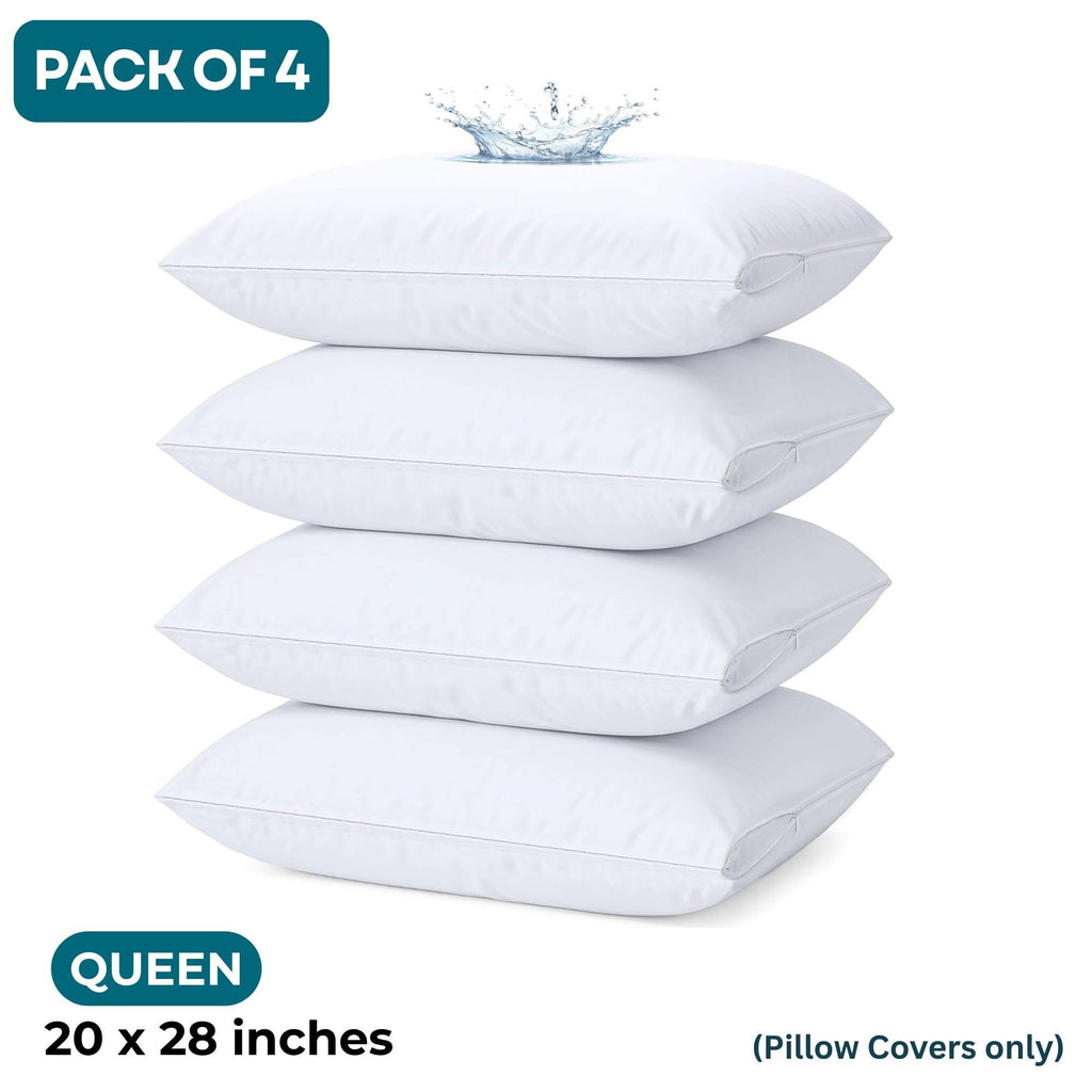 Pack of 4 Waterproof Zippered Pillow Protector, Soft and Nioseless Pillow Protector with Zipper - Waterproof and Machine Washable - Breathable Pillowcases - Protects Pillows from Dirt, Dust and Debris - Zippered Pillow Encasement, Available in Queen, Stan