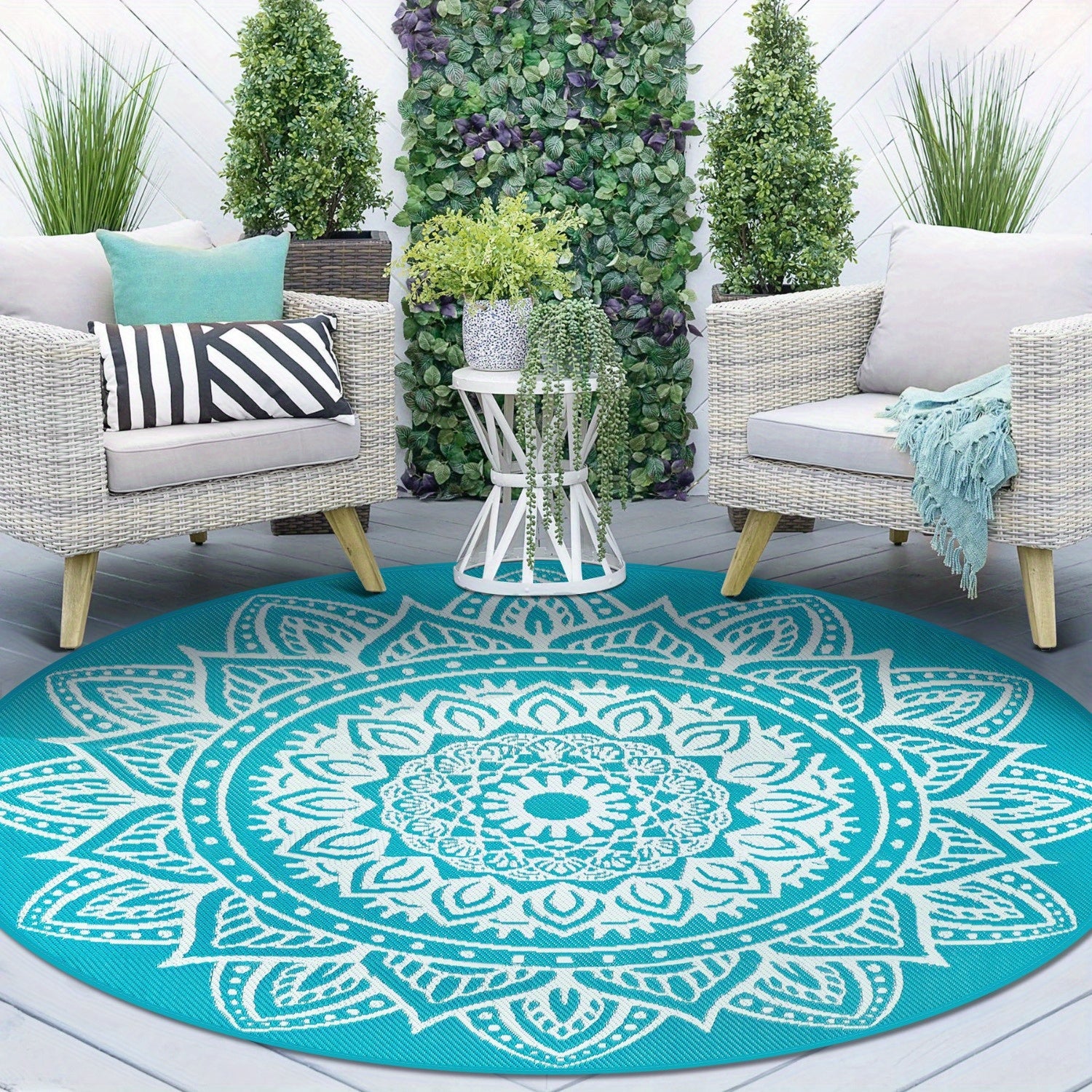 Round Boho Outdoor Rug Reversible Circle Patio Carpet – Lightweight Portable Outdoor Area Rug for Patio, Balcony, Camping & Backyard, Bohemian Style Weatherproof Floor Mat
