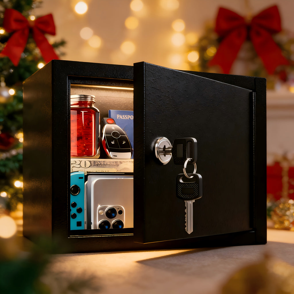 Grimtron Small Safe Box - (0.23 Cu. Ft. - 3.5Lb) Mini Money Safe with Combination Lock, Compact And Sturdy, Suitable for Offices, Bedrooms, And Bedside Tables Ideal for Storing Money, Documents, Passport, The Best Storage And Organization Gift
