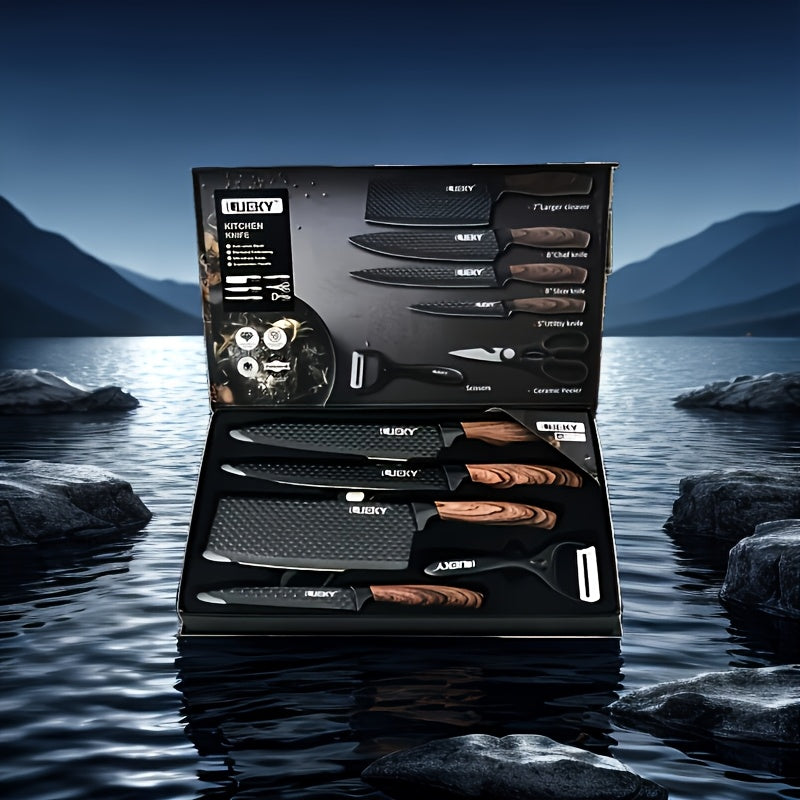 Ultra-sharp And Durable 6pcs Kitchen Knife Set, Stainless Steel Blade Non-slip Handle, Suitable for Family Kitchen Cooking, Suitable for Various Scenes, Outdoor Camping, Barbecue Parties, Gift Boxes for Father's Day Gifts, High-end Atmosphere