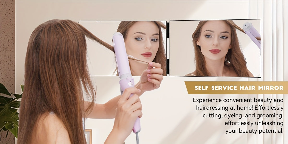 360° 3-Way Hair Cutting Mirror with LED – Anti-Fog HD Glass, Height Adjustable, USB Rechargeable – Self Haircut Barber Mirror for Home, Wall, Door & Table – Beauty Gift for Women & Men