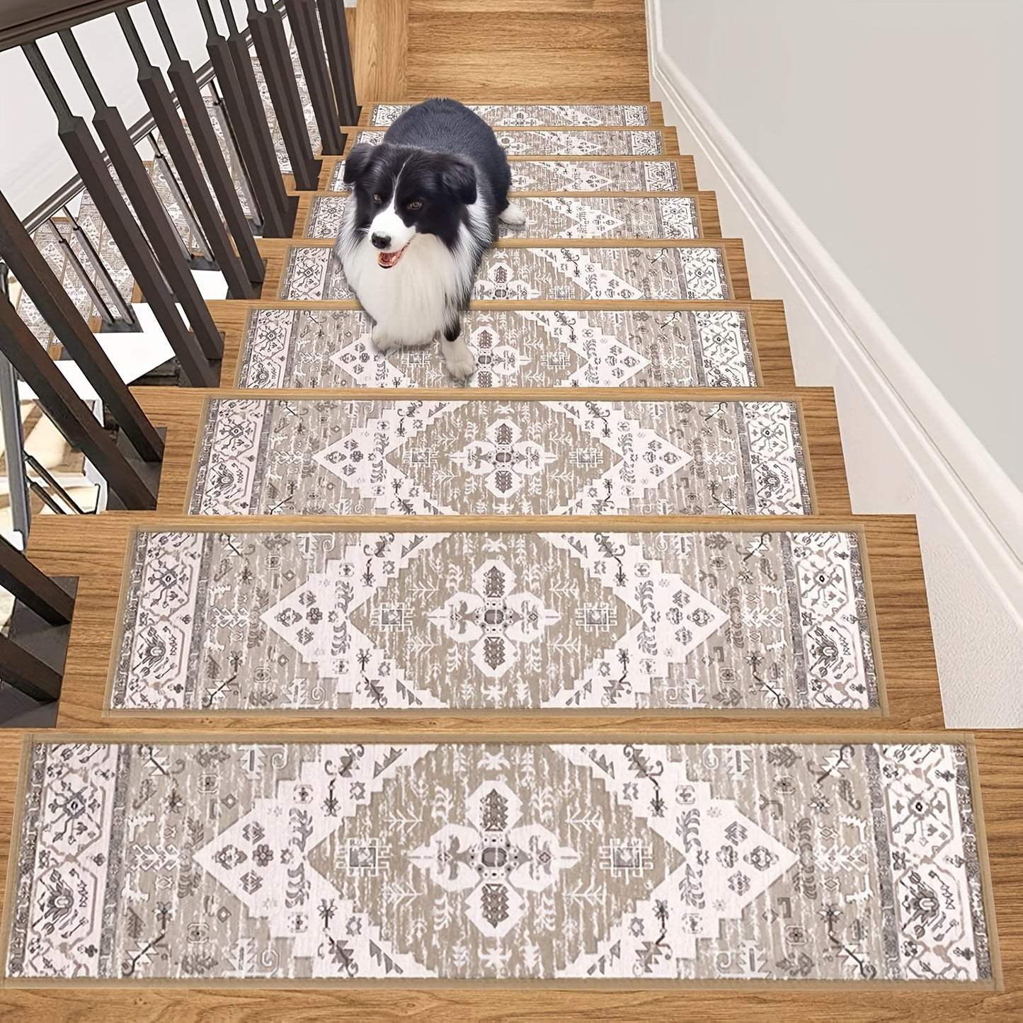 Non-Slip Carpet Stair Treads 15-Pack — 8"x30" Self-Adhesive Stair Runner Pads for Wooden Steps, Reusable Indoor Outdoor Staircase Step Rugs