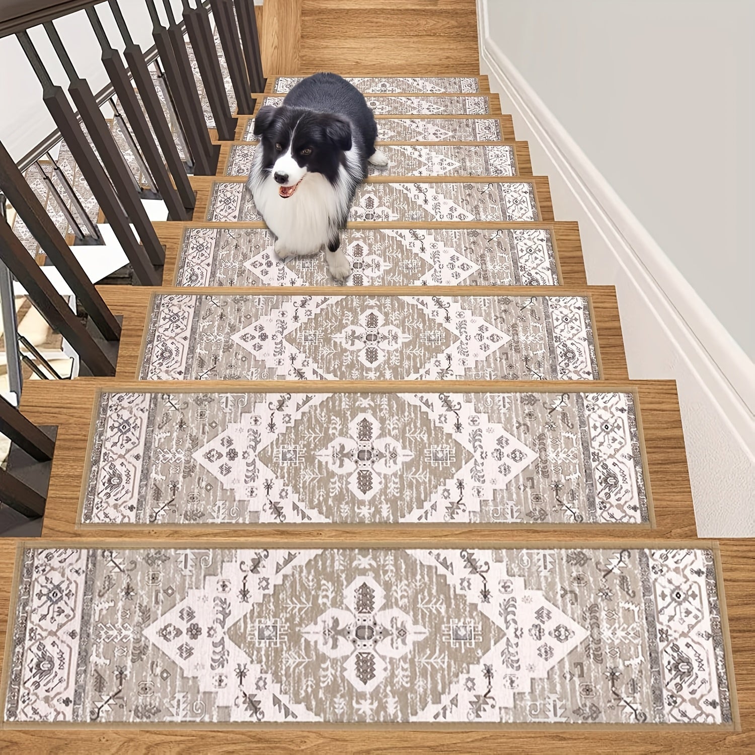 Non-Slip Carpet Stair Treads 15-Pack — 8"x30" Self-Adhesive Stair Runner Pads for Wooden Steps, Reusable Indoor Outdoor Staircase Step Rugs