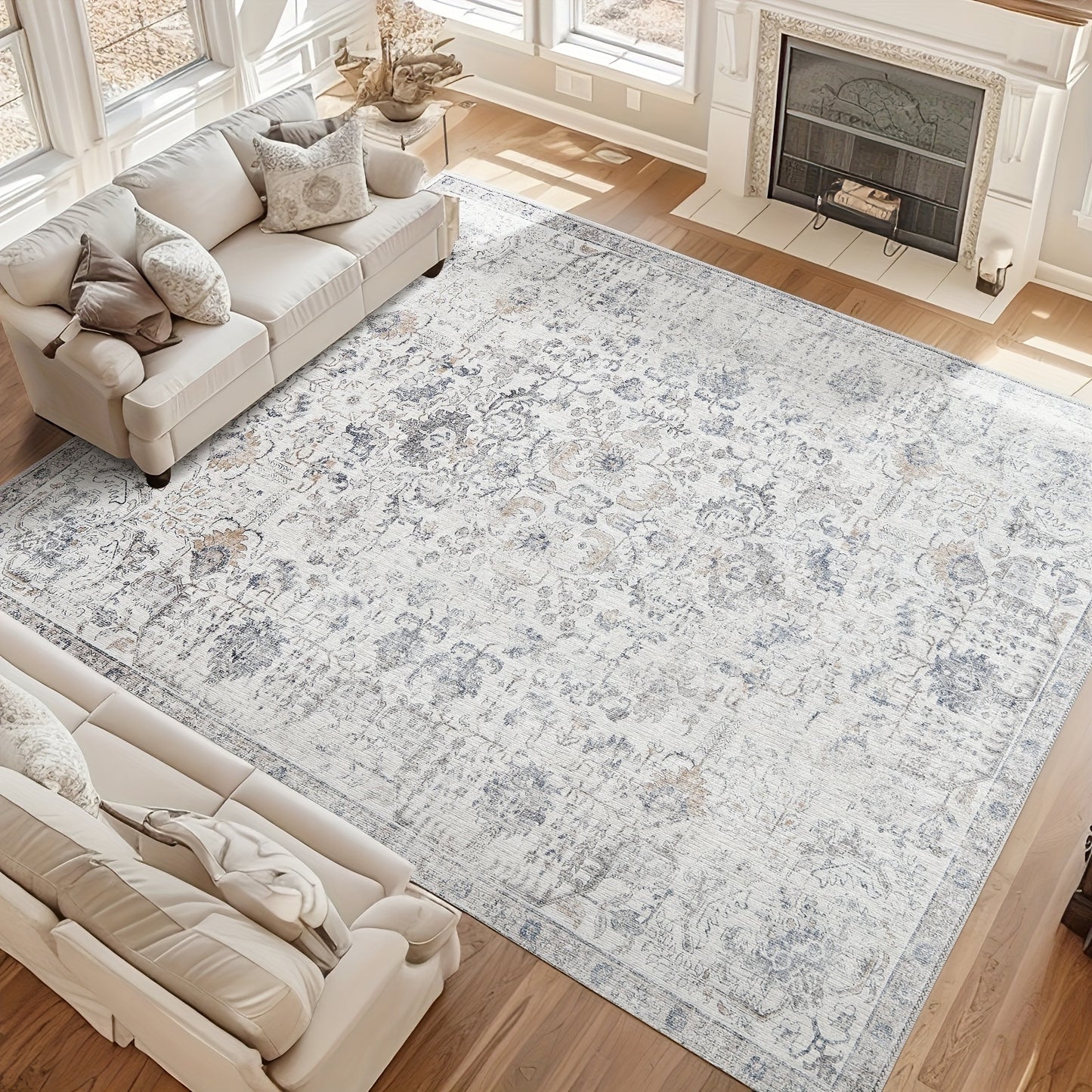 Vintage Boho Distressed Floral Area Rug – Machine Washable, Non-Slip Backing, Stain Resistant – Retro Oversized Accent Carpet for Living Room, Bedroom, Kitchen & Dining Room