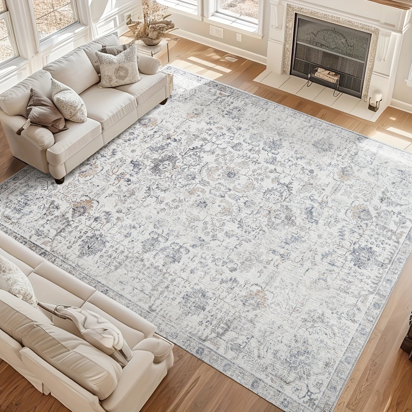 Vintage Boho Distressed Floral Area Rug – Machine Washable, Non-Slip Backing, Stain Resistant – Retro Oversized Accent Carpet for Living Room, Bedroom, Kitchen & Dining Room