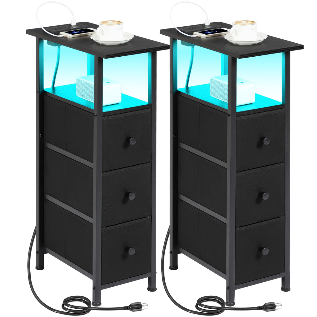 AMHANCIBLE Narrow End Table 2pcs with Charging Station, Slim LED Nightstand with 2/3 Fabric Drawers, Skinny Side Table for Bedroom, Small Spaces, Couch