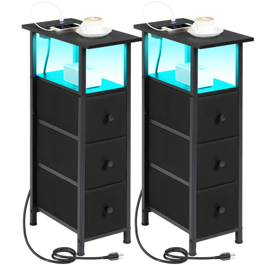 AMHANCIBLE Narrow End Table 2pcs with Charging Station, Slim LED Nightstand with 2/3 Fabric Drawers, Skinny Side Table for Bedroom, Small Spaces, Couch