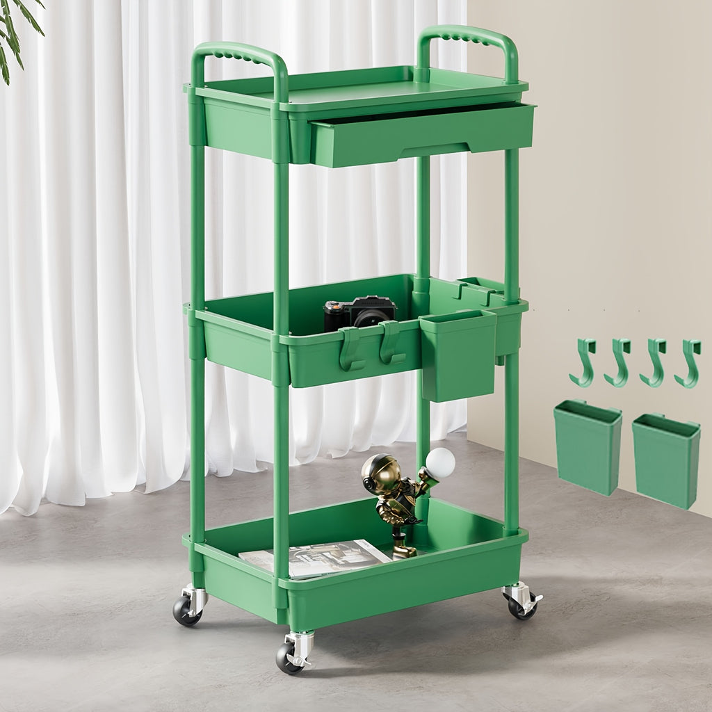 [Multifunctional Storage Cart] 3-Tier/4-Tier Rolling Storage Organizer Cart with Drawer & Hooks | Multifunctional Plastic Utility Cart On Wheels for Kitchen, Bathroom, Office, Living Room - Space-Saving Mobile Storage Solution