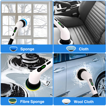 Cordless Electric Spin Scrubber – 9 Replaceable Brush Heads, Extendable Alloy Arm to 125cm, Dual Speed, for Floors, Bathrooms, Bathtubs & Car Cleaning