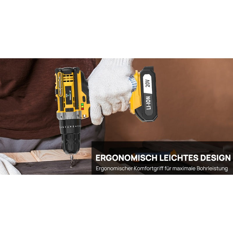 20V Cordless Impact Drill 35Nm Max Torque, 18+3 Torque Settings, 3/8" Keyless Chuck, Built-in LED Light, 2.0Ah Battery, Drills Concrete Walls Tightens Screws, Perfect Gift for DIY & Professionals