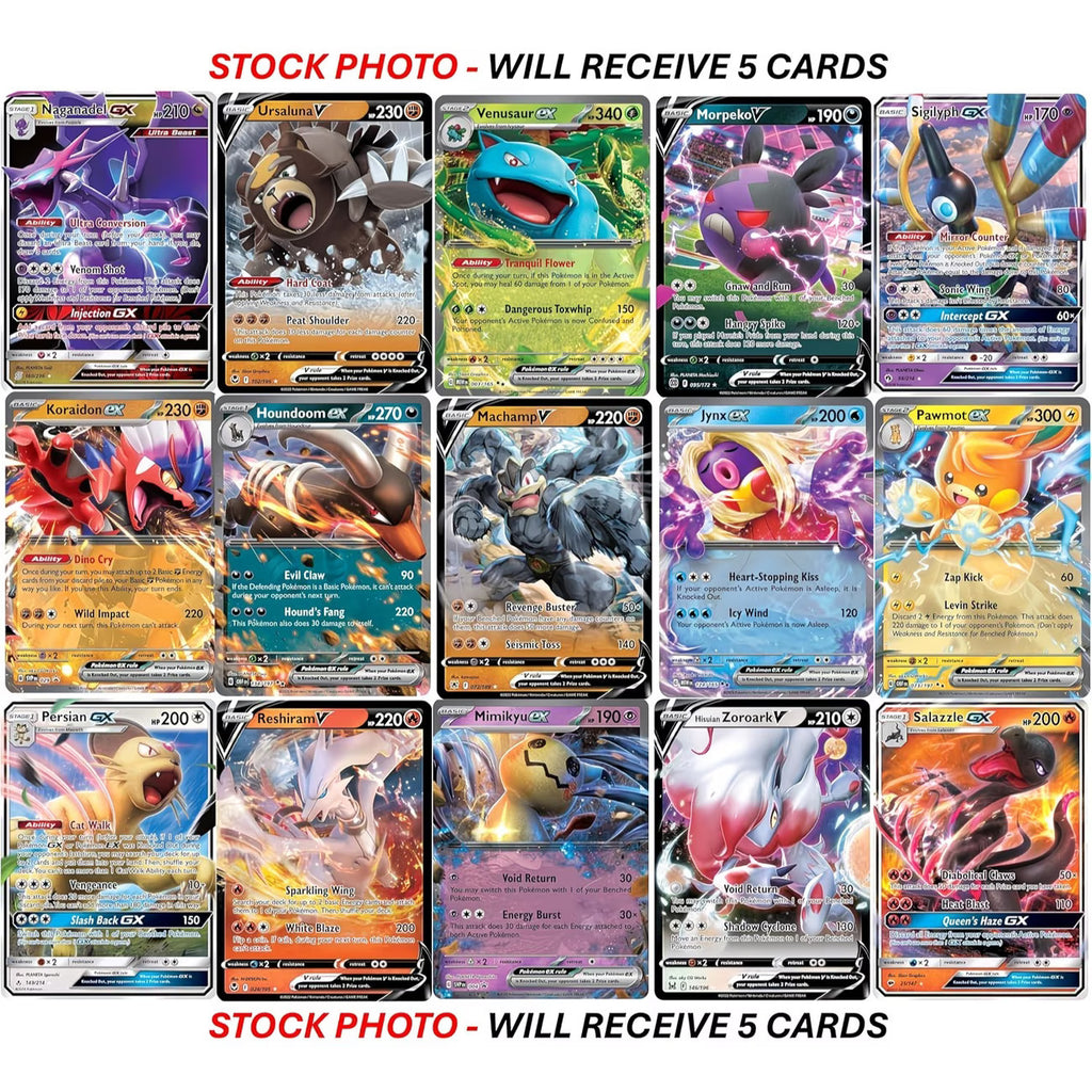 5 Pokemon Ultra Rare Card Lot - V, GX, EX, Assorted Variety - No Duplicates