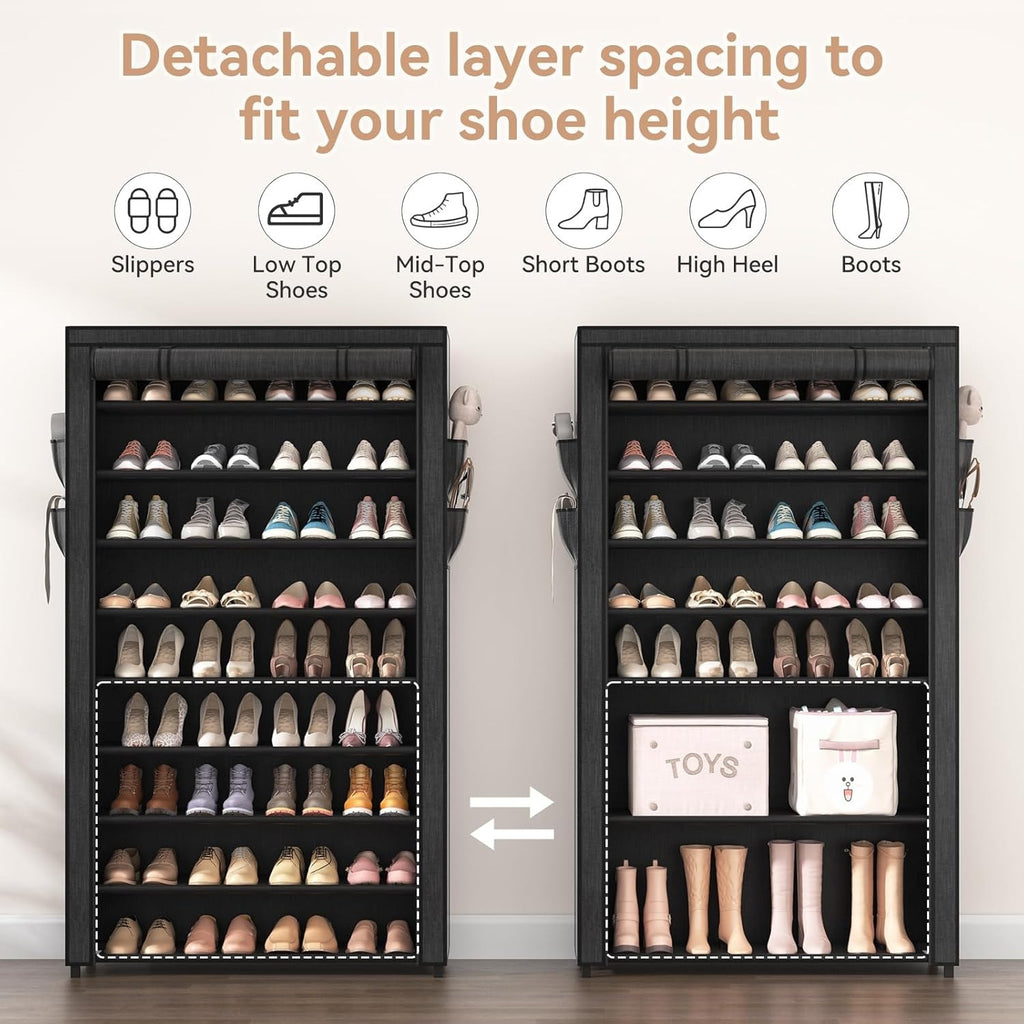 Shoe Rack with Covers - 10 Tiers Tall Shoe Rack Organizer Large Capacity Shoe Shelf Storage 40-50 Pairs Space Saving Vertical Shoe Storage Organizer for Closet, Entryway, Dorm, Bedroom