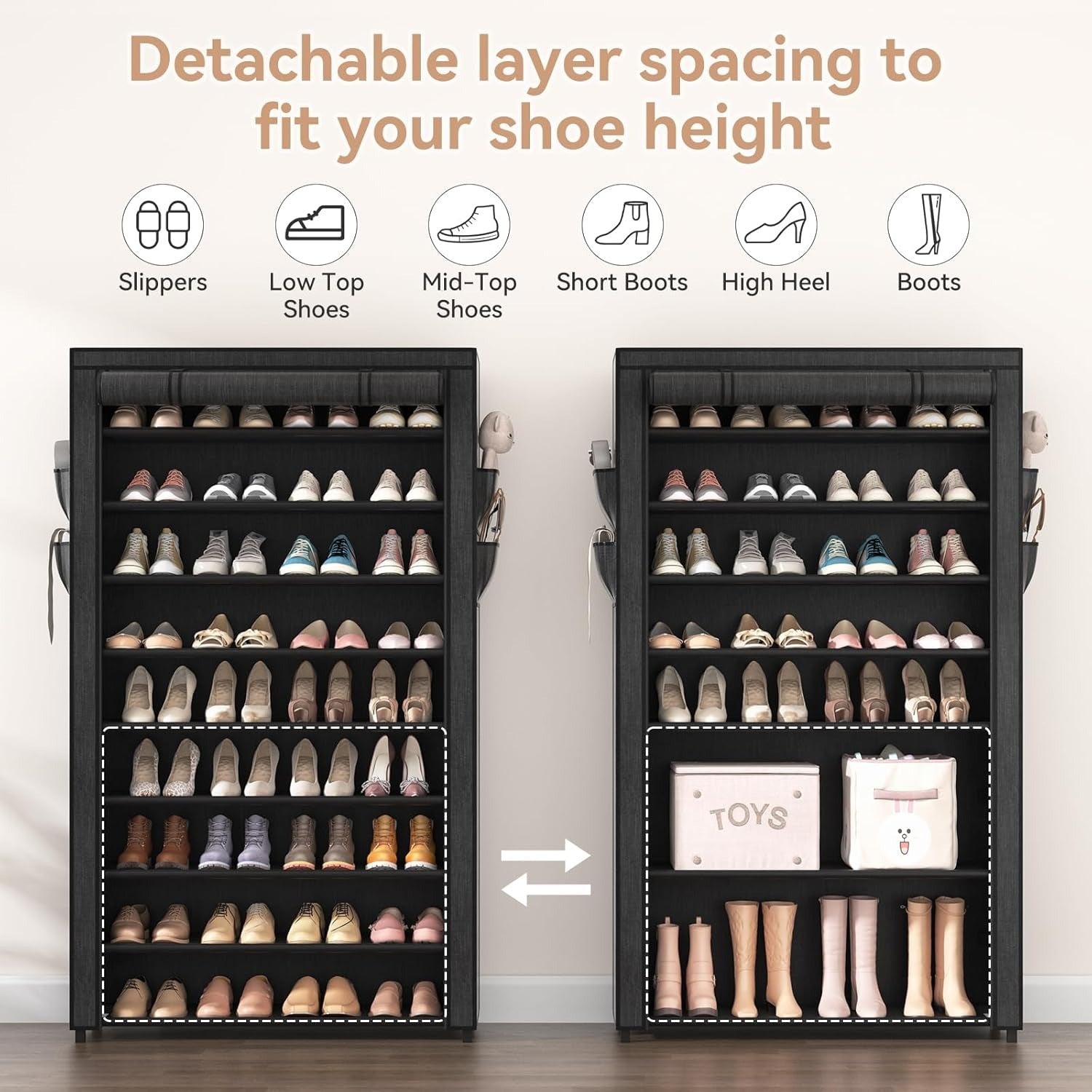 Shoe Rack with Covers - 10 Tiers Tall Shoe Rack Organizer Large Capacity Shoe Shelf Storage 40-50 Pairs Space Saving Vertical Shoe Storage Organizer for Closet, Entryway, Dorm, Bedroom