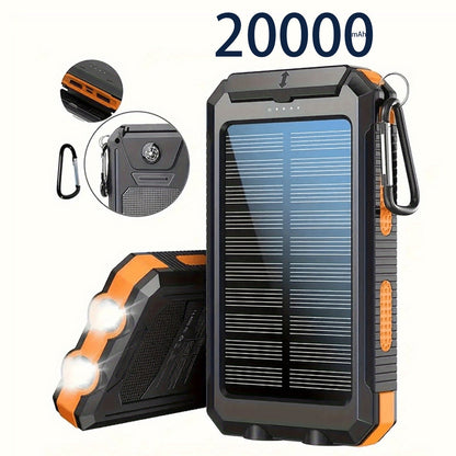 Solar Power Bank 20000mAh with Compass & LED Flashlight - Portable Outdoor Camping Phone Charger, Dual USB External Battery Pack for Hiking Backpacking Travel Emergency