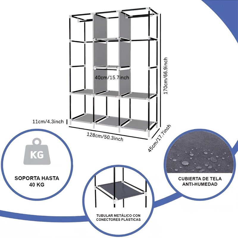 Portable Wardrobe Closet Clothes Organizer Non-Woven Fabric Cover with 6 Storage Shelves, 2 Hanging Sections and 4 Side Pockets size (170*128*45CM/148*56*44CM)