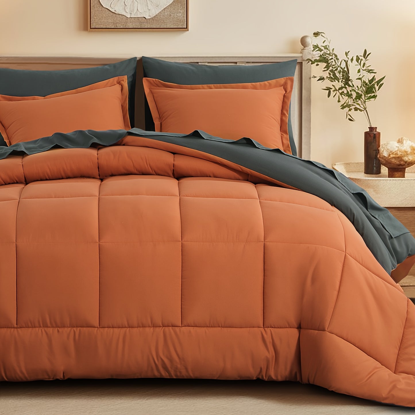 7pcs Reversible Bedding Set Soft Microfiber – Lightweight Breathable Comforter Flat Sheet Fitted Sheet & Pillowcases, All-Season Family Bedding Gift Set