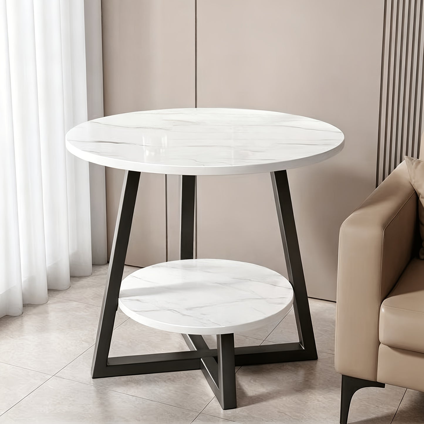 Round Coffee Table 2-Tier Marble Effect Top Heavy-Duty Storage End Table for Living Room Bedroom Dorm Home Office - Modern Side Table, Canada