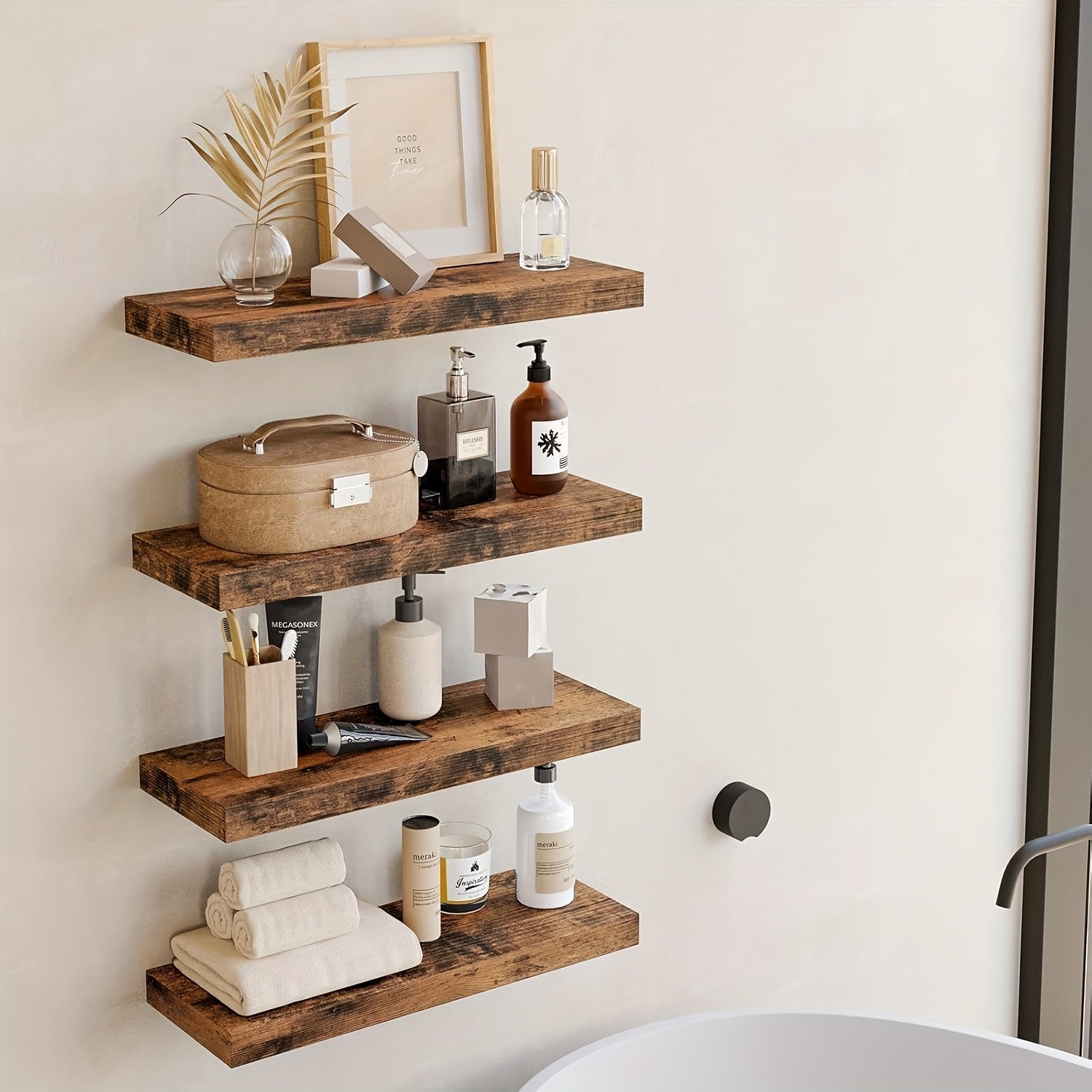 Easy Install Floating Shelves Wall Mounted, 4pcs Brown Multi-Purpose Shelf with Hidden Brackets, No Tools Needed Space Saver for Living Room, Bathroom, Kitchen Wall Decor, Utility Racks