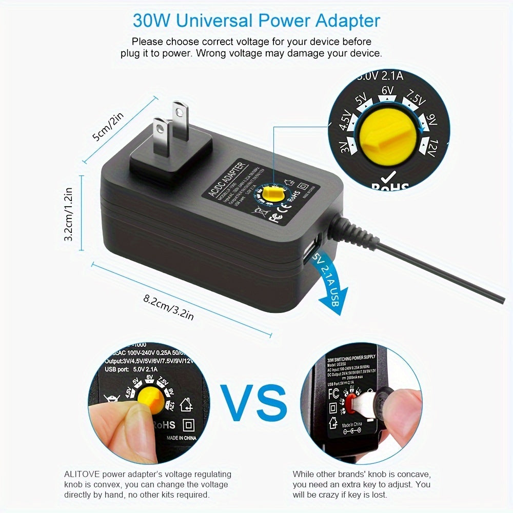 ALITOVE 30W Universal Power Supply 3V 4.5V 5V 6V 7.5V 9V 12V Adjustable Variable AC/DC Adapter with 5V 2.1A USB Port, 100V-240V AC to DC 3V-12V Converter 0.5A 1A 1.2A 1.5A 2A 2.5A Max with 14 Tips
