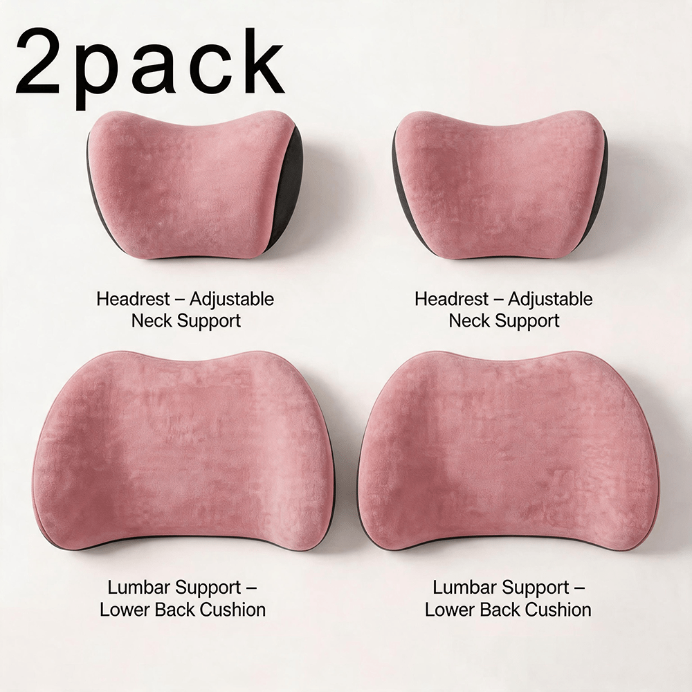 Car Headrest & Lumbar Support Cushion Set – Ergonomic Foam, Breathable Mesh | Black, Grey, Pink, Blue, Brown