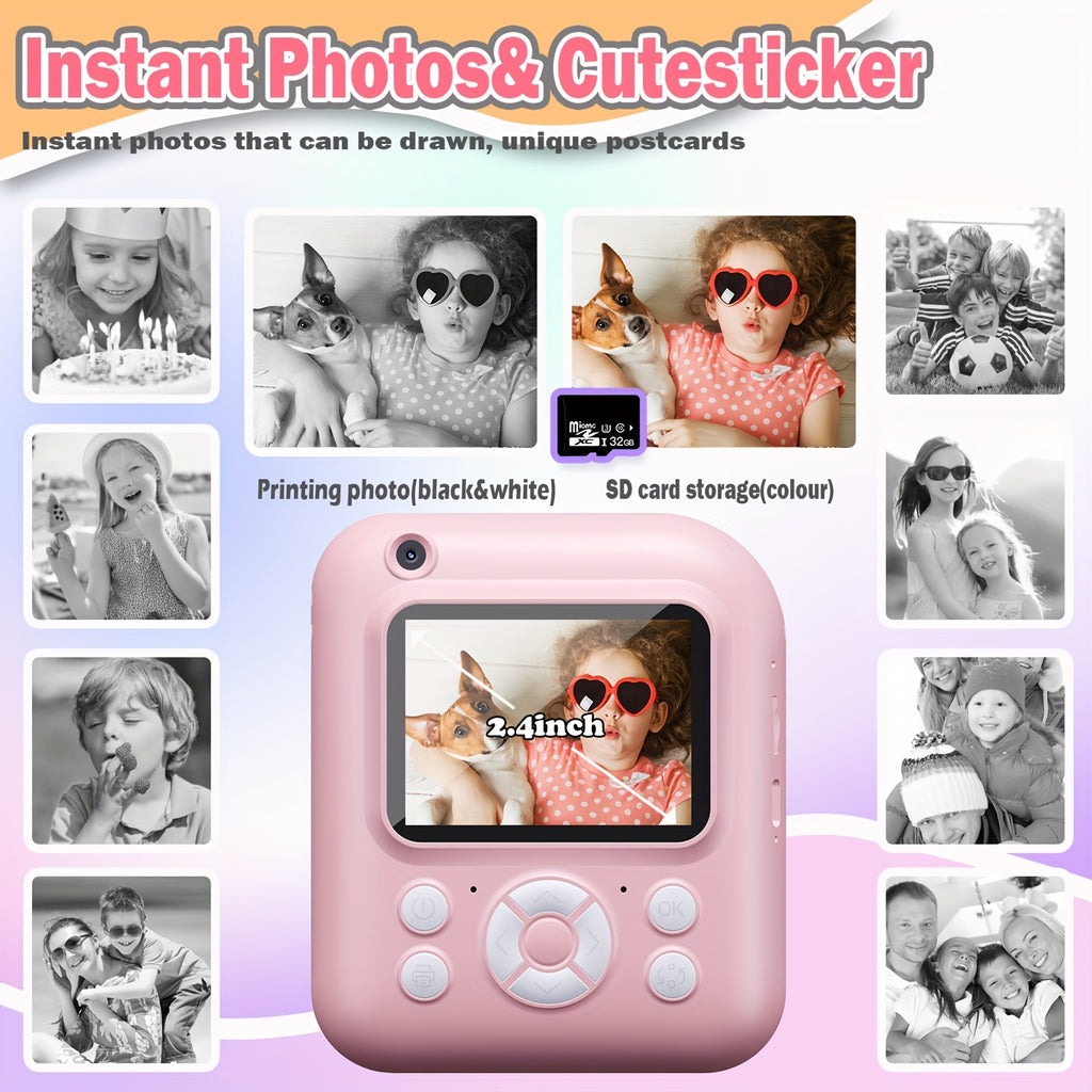 Camera Paper/Instant Camera, Portable Instant Photo Camera with 32GB SD Card, 3 Rolls & Card Reader - Compact USB Rechargeable Camera for Youngsters, Travel, Outdoor Adventures (Pink/Blue), Portable Camera,Perfect Gift for Halloween/Christmas