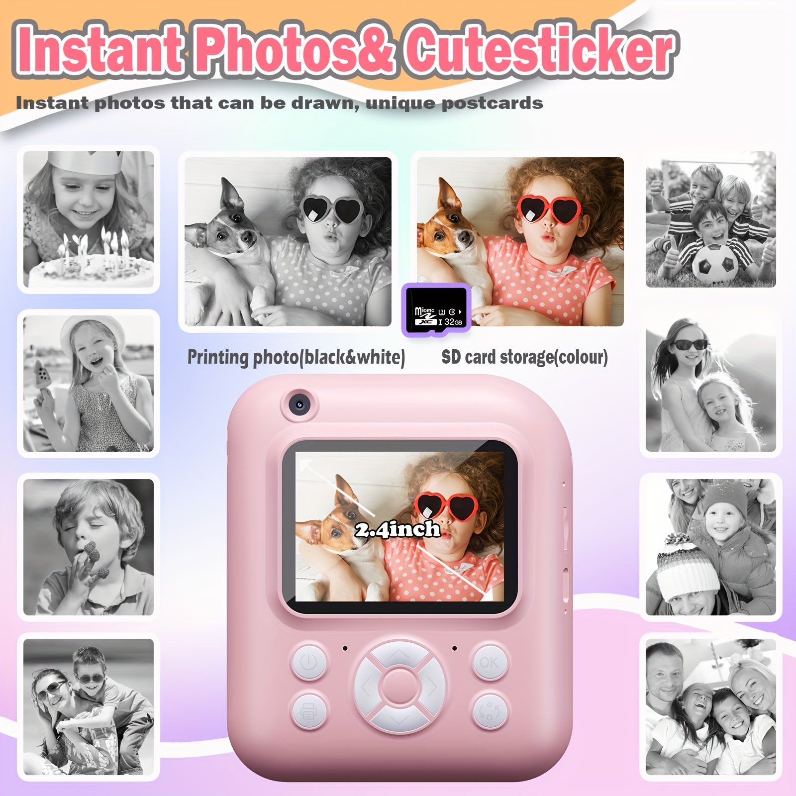 Camera Paper/Instant Camera, Portable Instant Photo Camera with 32GB SD Card, 3 Rolls & Card Reader - Compact USB Rechargeable Camera for Youngsters, Travel, Outdoor Adventures (Pink/Blue), Portable Camera,Perfect Gift for Halloween/Christmas