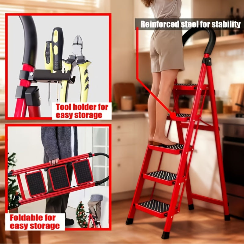 500Lbs Load-Bearing Folding 5/4/3 Step Ladder | Heavy-Duty Steel Step Stool with Anti-Slip Wide Treads, Handrails, Safety Lock Design, Black And Red Color Scheme, Portable Multi-Functional Ladder for Home And Kitchen Use-Xphyn