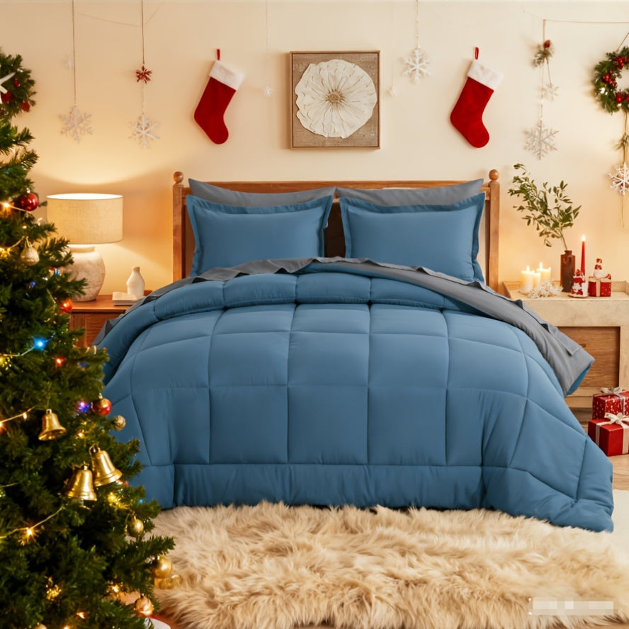 7pcs Reversible Bedding Set Soft Microfiber – Lightweight Breathable Comforter Flat Sheet Fitted Sheet & Pillowcases, All-Season Family Bedding Gift Set