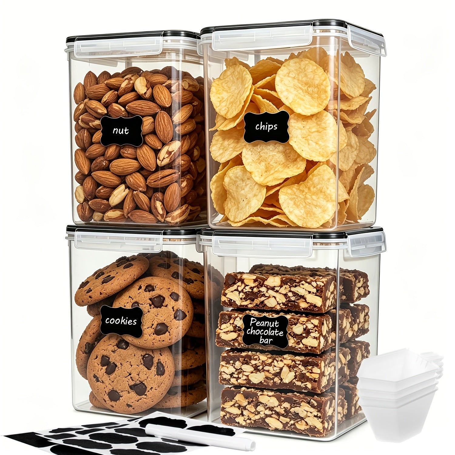 4pcs Large Food Storage Containers 5.2L/ 175oz, BPA Free Plastic Airtight Canisters for Flour, Sugar, Baking Supplies, Rice with Lids, 4 Measuring Cups and 24 Labels, Black