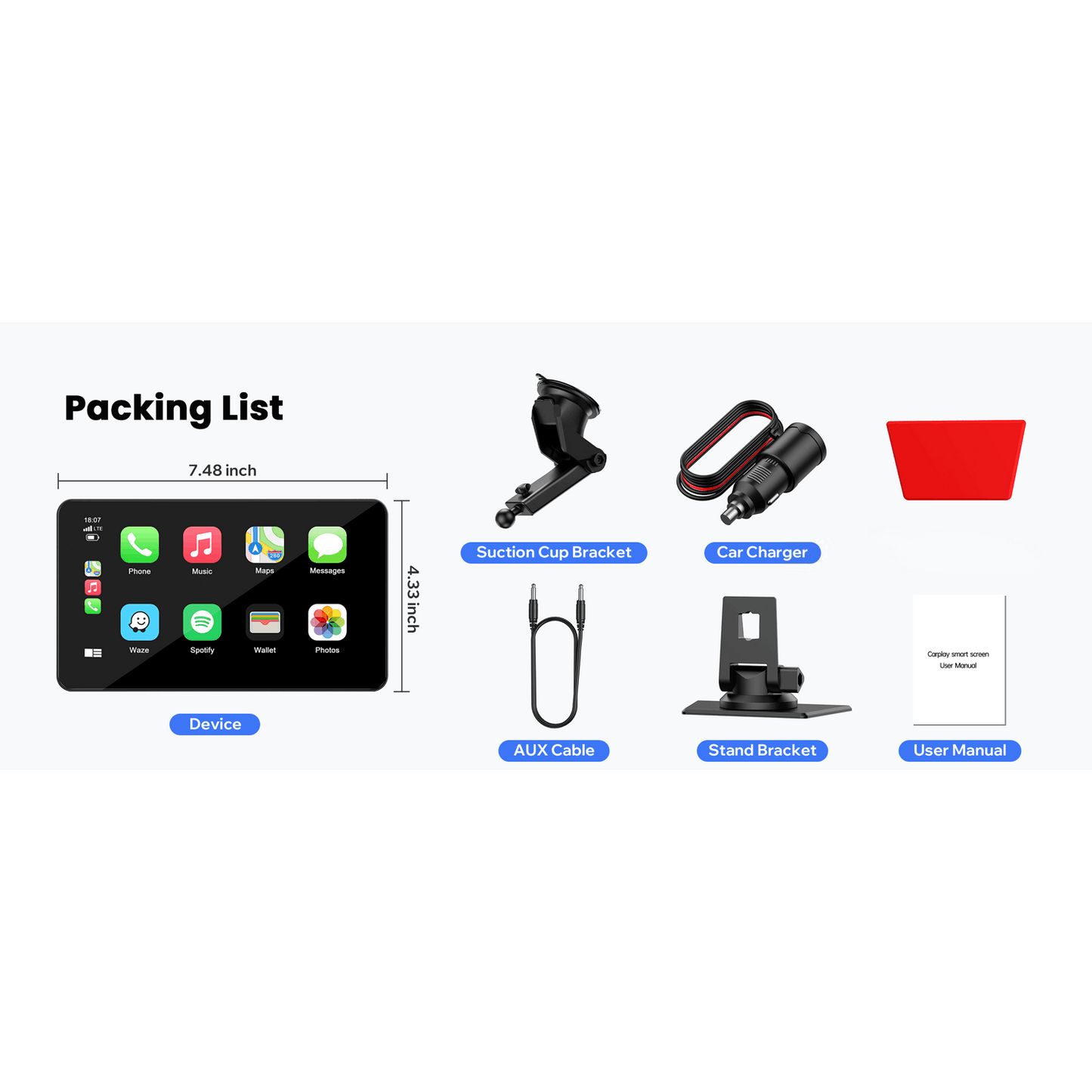Portable Wireless CarPlay Screen for Car – 7"/9"/9.26" HD Display, Android Auto, GPS Navigation, Bluetooth, FM, AUX, AirPlay, Voice Control, Plug & Play for All Vehicles (Lamtto)